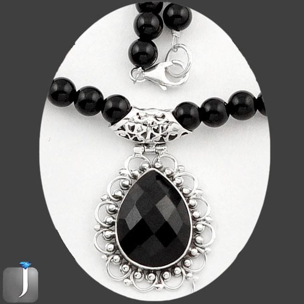 123.90cts NATURAL BLACK ONYX 925 STERLING SILVER BEADS NECKLACE PENDANT E40877