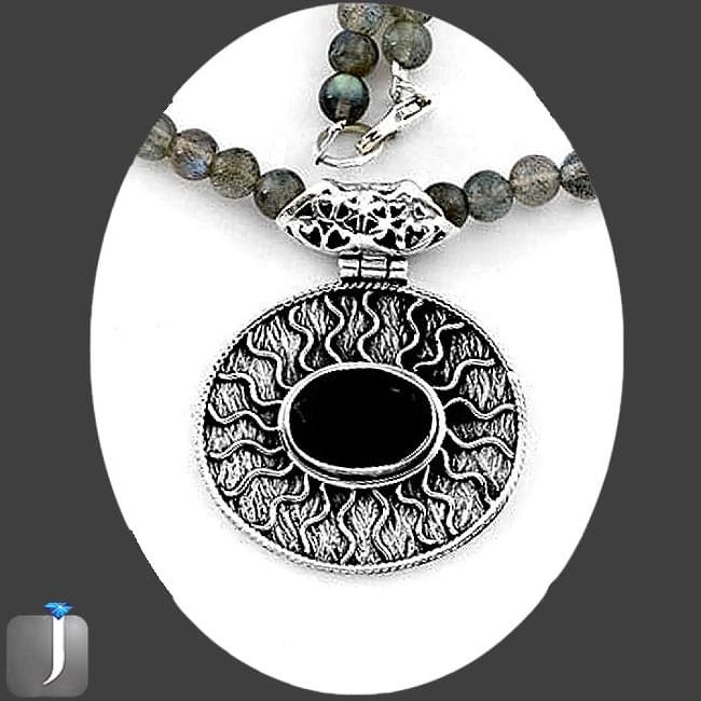 131.75cts NATURAL BLACK ONYX 925 STERLING SILVER BEADS NECKLACE PENDANT E92908