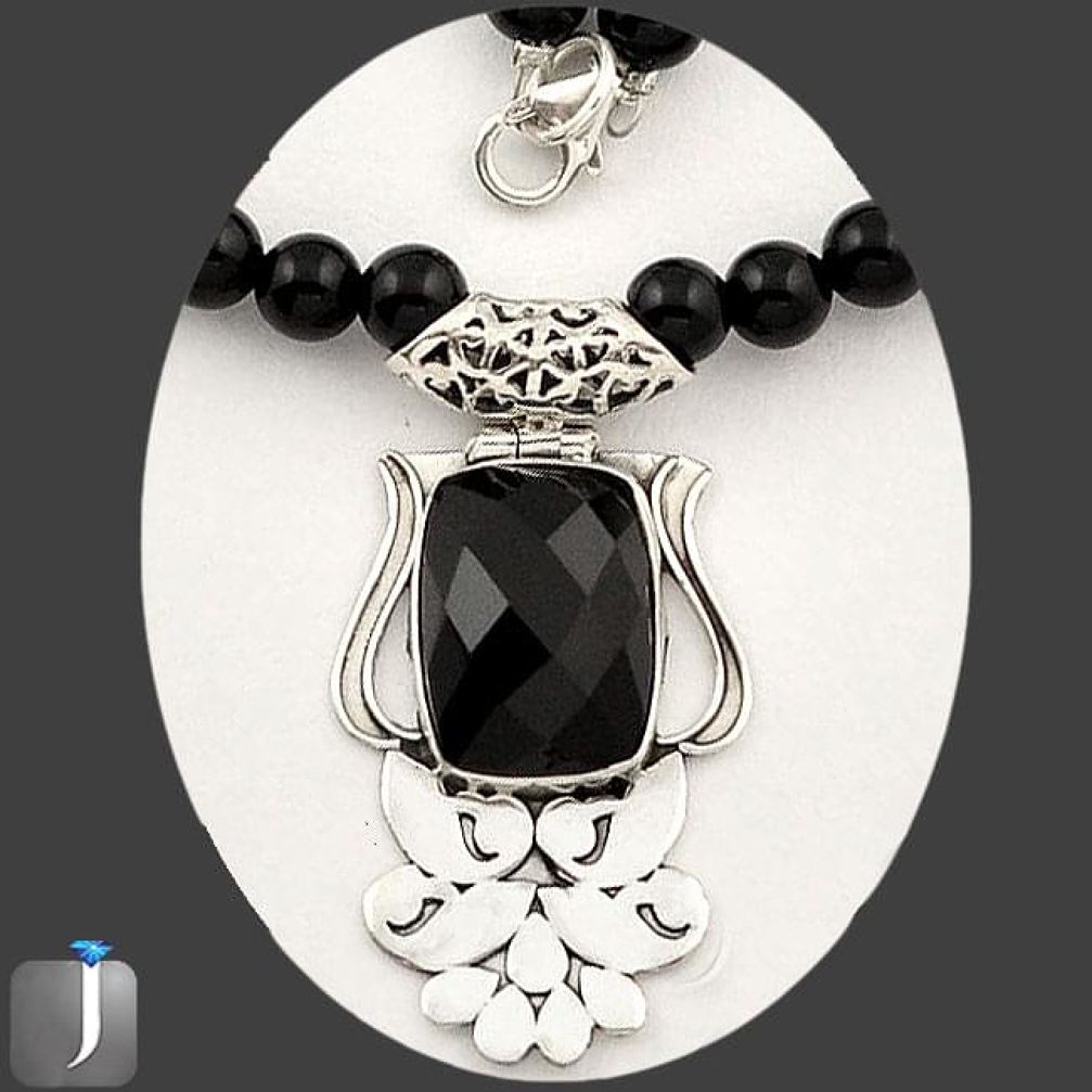 130.75cts NATURAL BLACK ONYX 925 STERLING SILVER BEADS NECKLACE PENDANT E92913