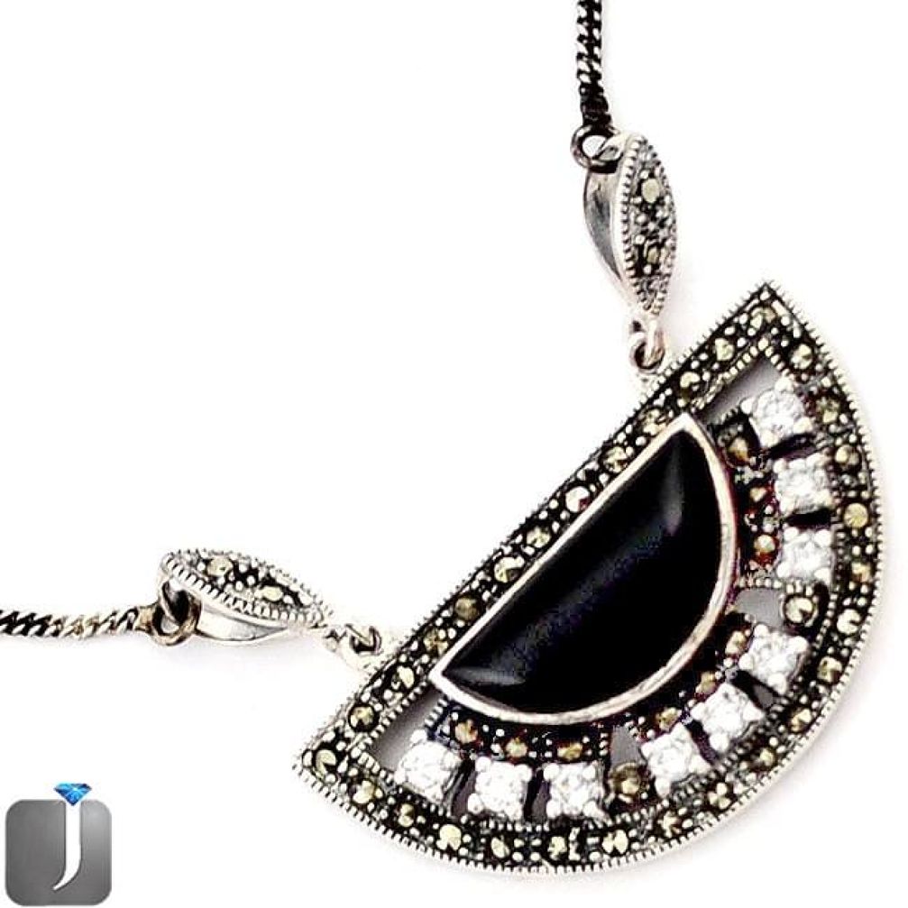 NATURAL BLACK ONYX TOPAZ MARCASITE 925 STERLING SILVER NECKLACE JEWELRY F75136
