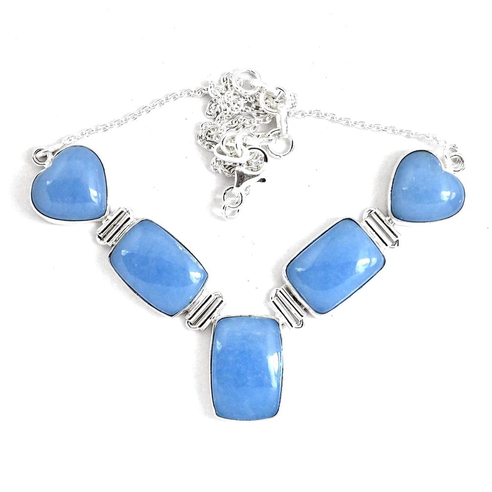 64.88cts natural blue angelite 925 sterling silver necklace jewelry p47408