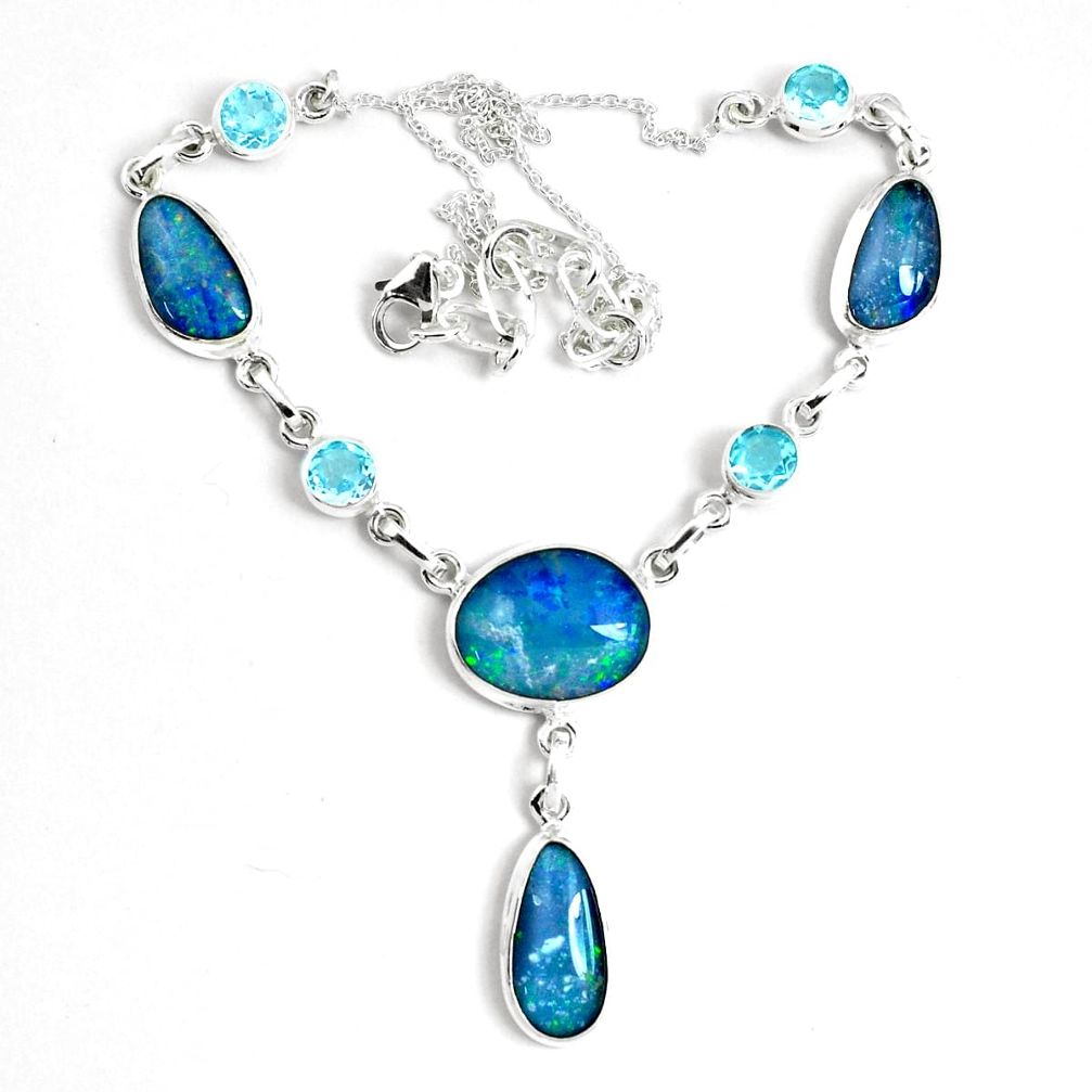 34.00cts natural blue australian opal triplet topaz 925 silver necklace p69641