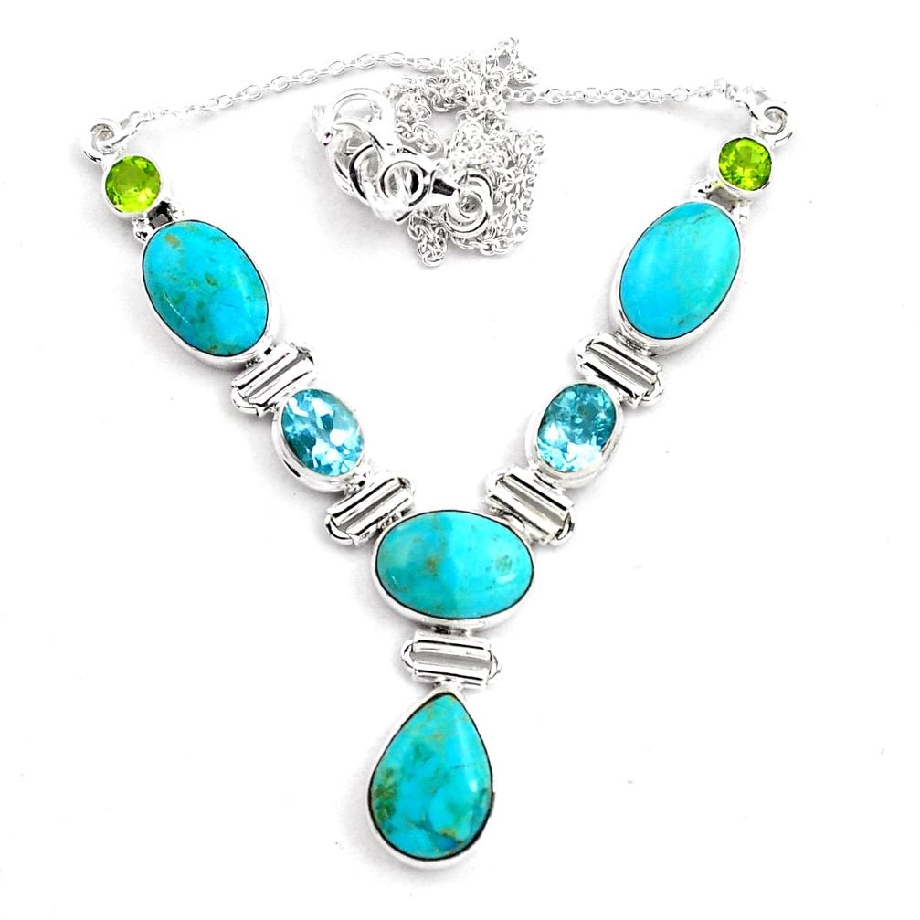 31.28cts natural blue campitos turquoise peridot 925 silver necklace p88632