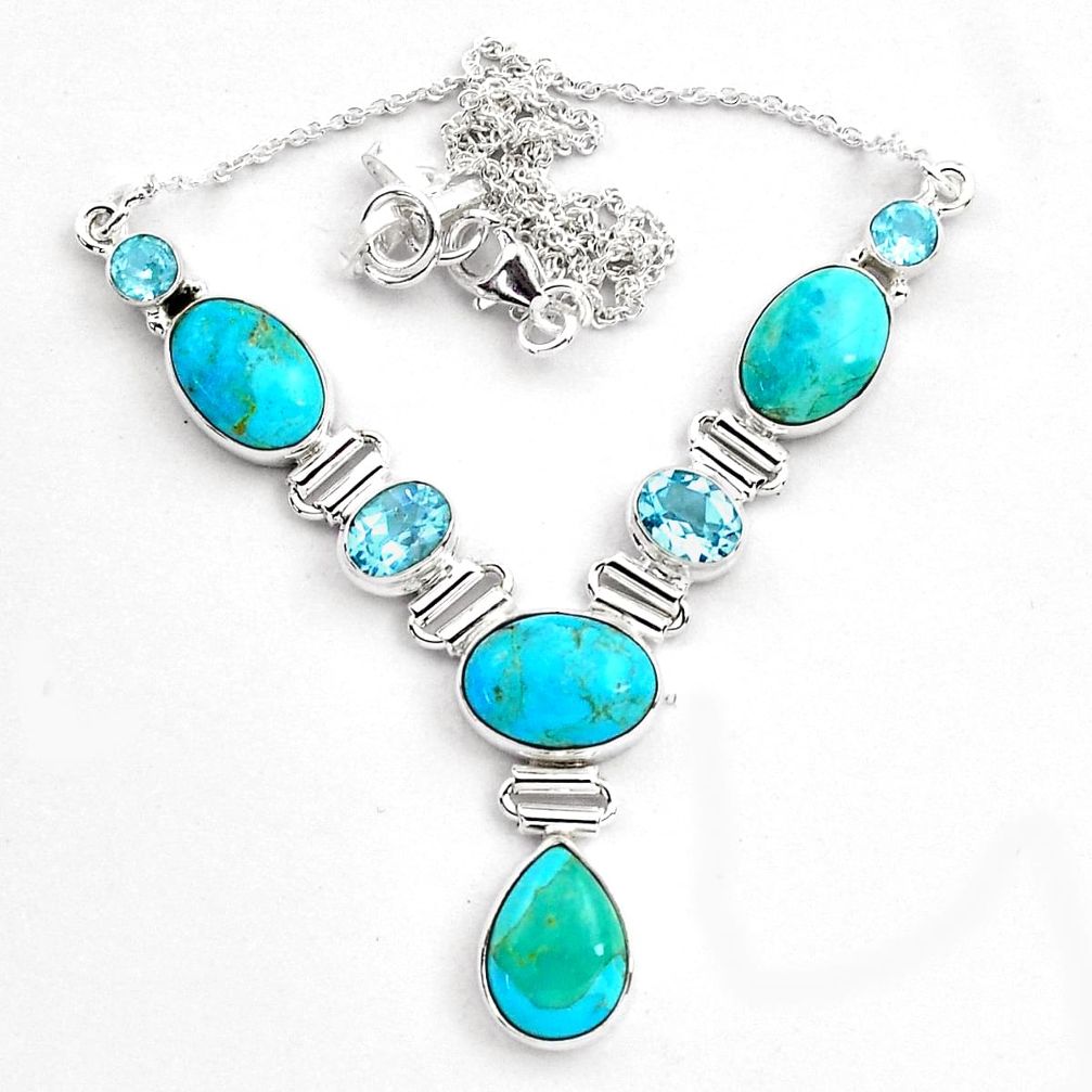 34.21cts natural blue campitos turquoise topaz 925 silver necklace p88629