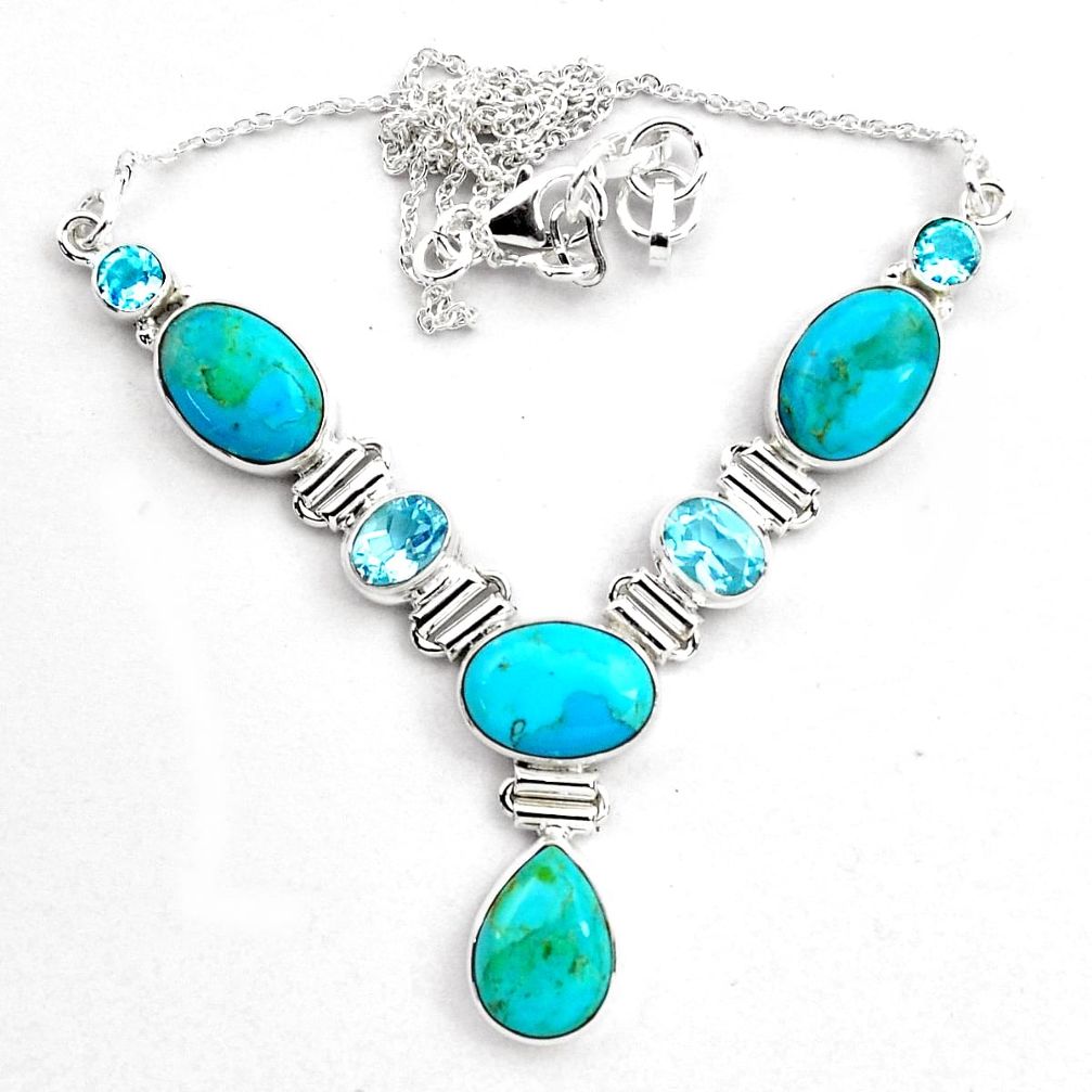 34.21cts natural blue campitos turquoise topaz 925 silver necklace p88631