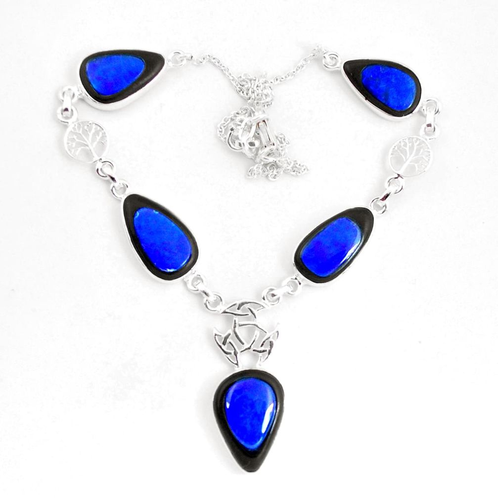 50.35cts natural blue doublet opal in onyx 925 sterling silver necklace p53857