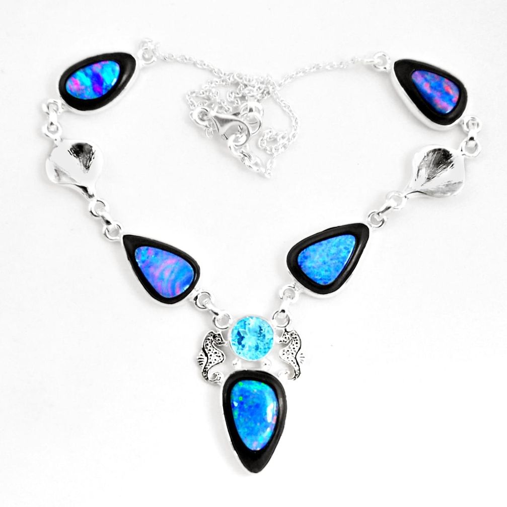 48.13cts natural blue doublet opal in onyx amethyst 925 silver necklace p53852