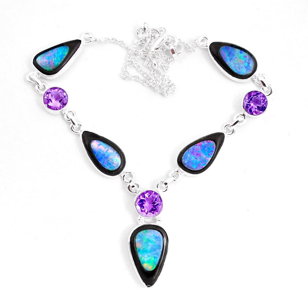 48.90cts natural blue doublet opal in onyx amethyst 925 silver necklace p53855