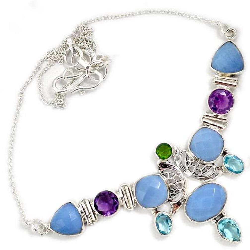 Natural blue owyhee opal multi gemstone 925 sterling silver necklace h89404
