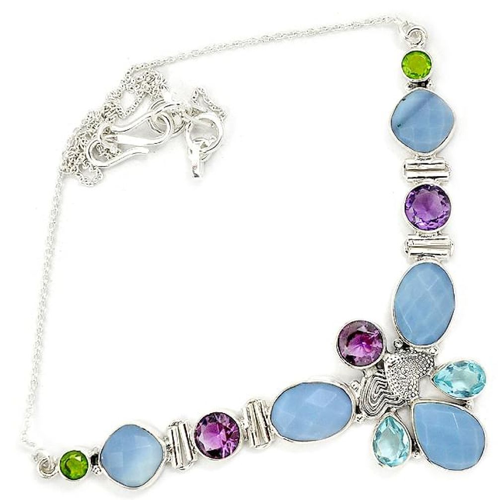 Natural blue owyhee opal multi gemstone 925 sterling silver necklace h90950