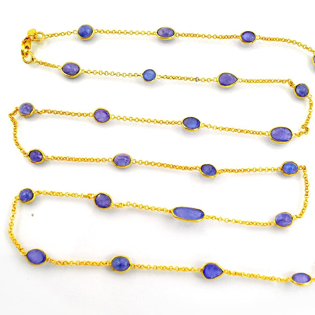 38.84cts natural blue tanzanite 925 silver 14k gold 36inch chain necklace p91646