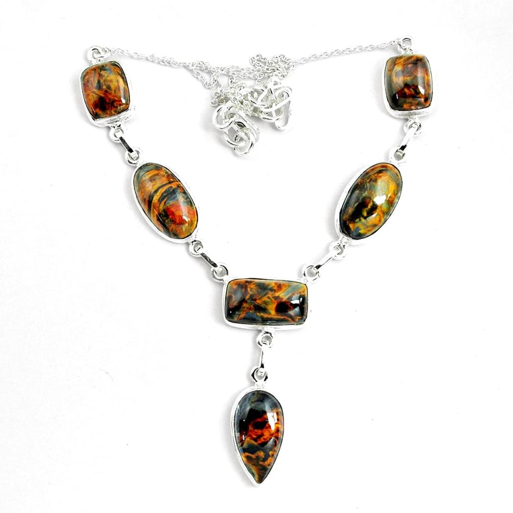 50.14cts natural brown pietersite (african) 925 sterling silver necklace p69690