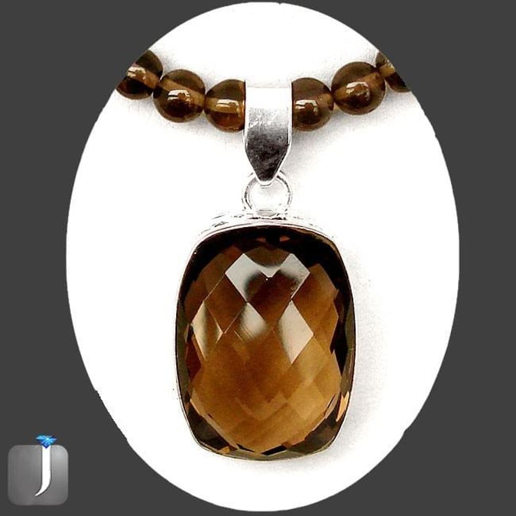 NATURAL BROWN SMOKY TOPAZ 925 STERLING SILVER NECKLACE PENDANT JEWELRY G4985