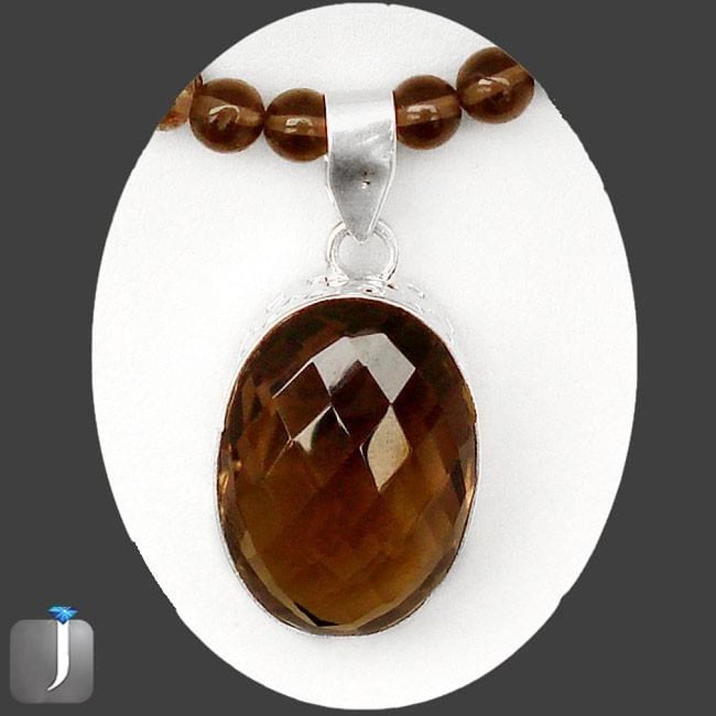 NATURAL BROWN SMOKY TOPAZ 925 STERLING SILVER NECKLACE PENDANT JEWELRY G4988