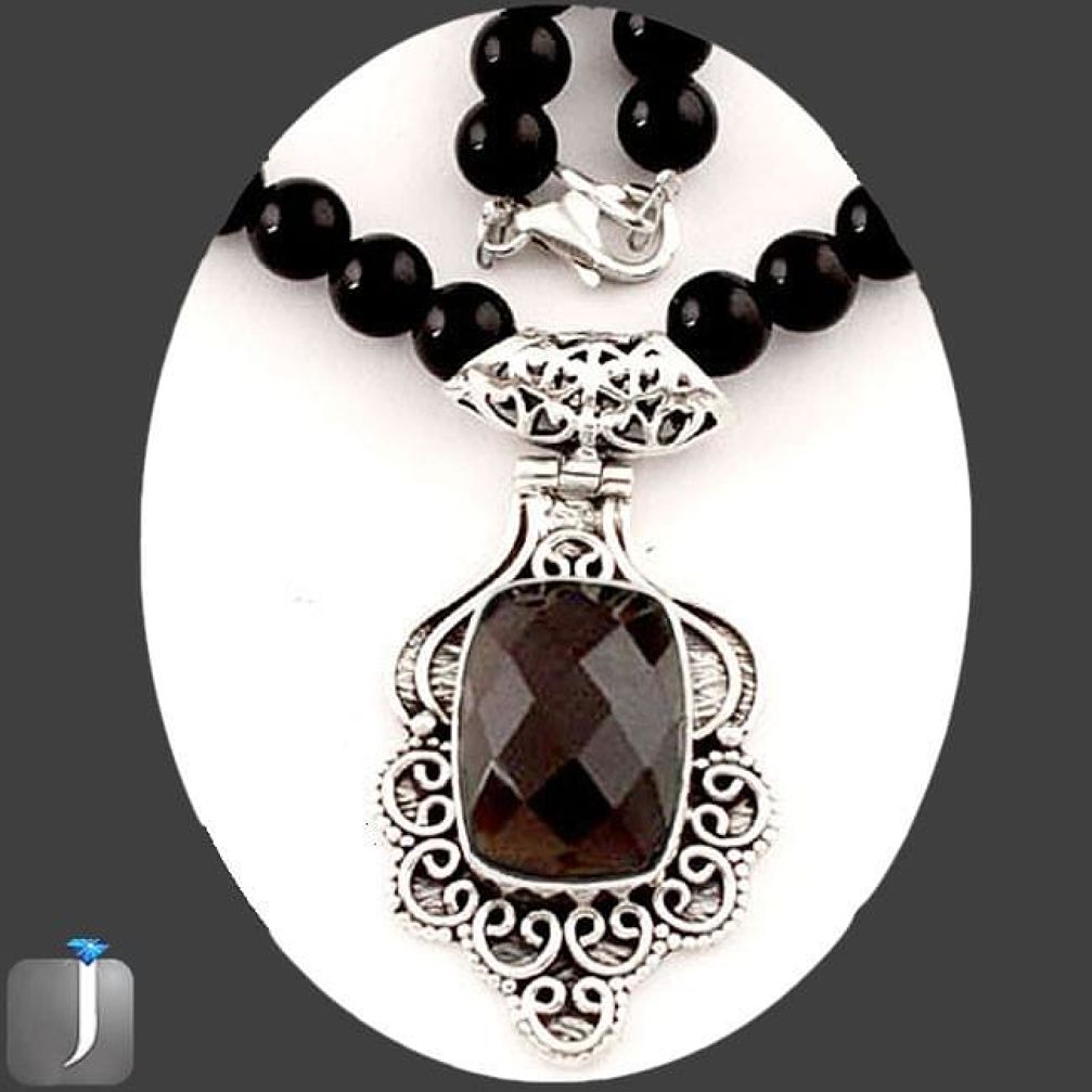 NATURAL CHOCOLATE SMOKY TOPAZ 925 SILVER BEADS NECKLACE PENDANT JEWELRY G8983