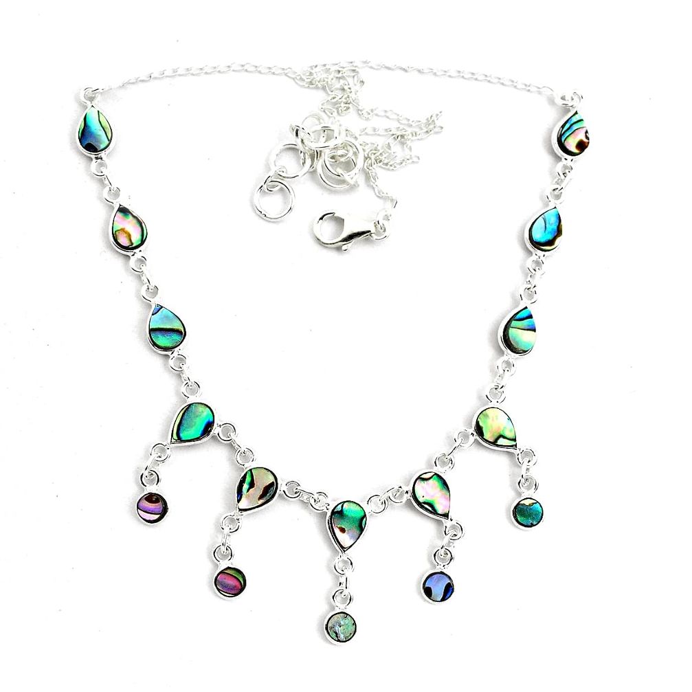 17.03cts natural green abalone paua seashell 925 sterling silver necklace p44501