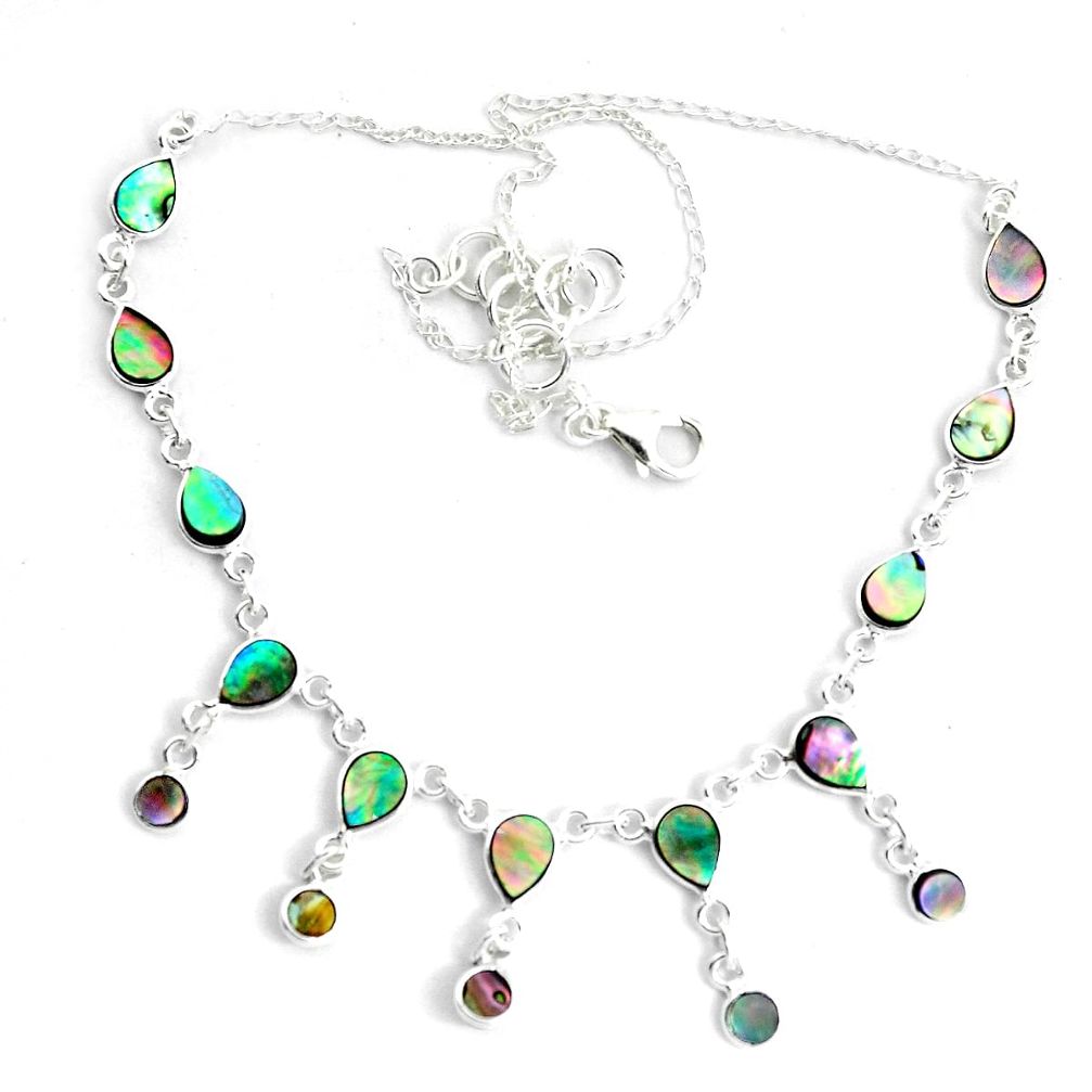 16.81cts natural green abalone paua seashell 925 sterling silver necklace p44503