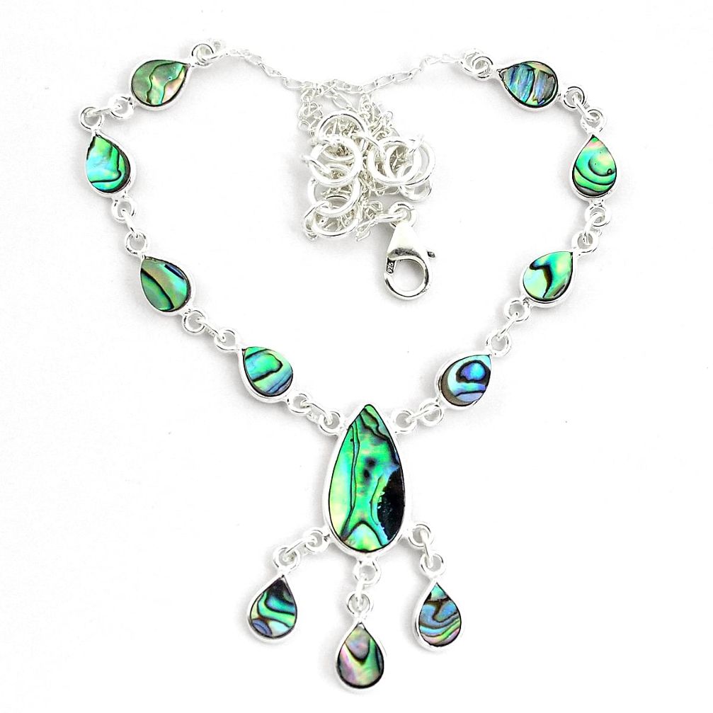 19.86cts natural green abalone paua seashell 925 sterling silver necklace p44511