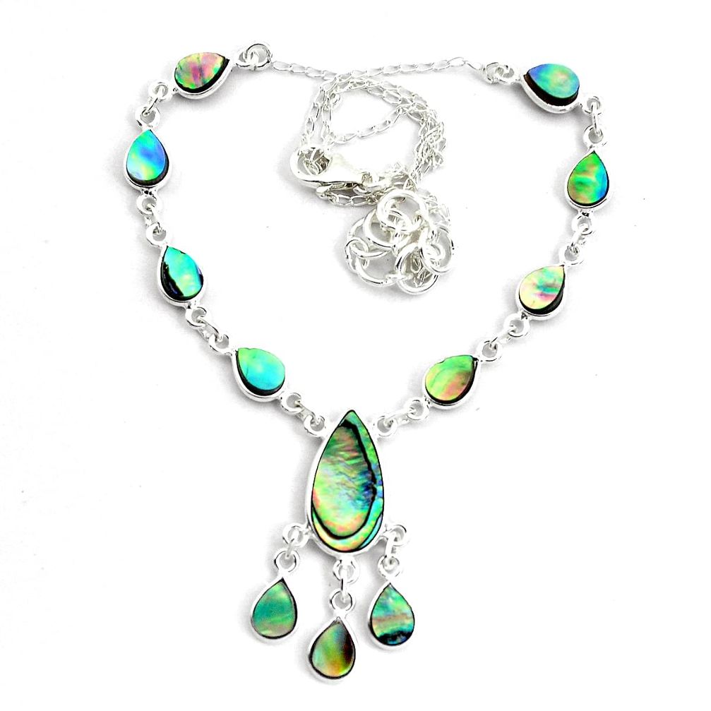 20.54cts natural green abalone paua seashell 925 sterling silver necklace p44537