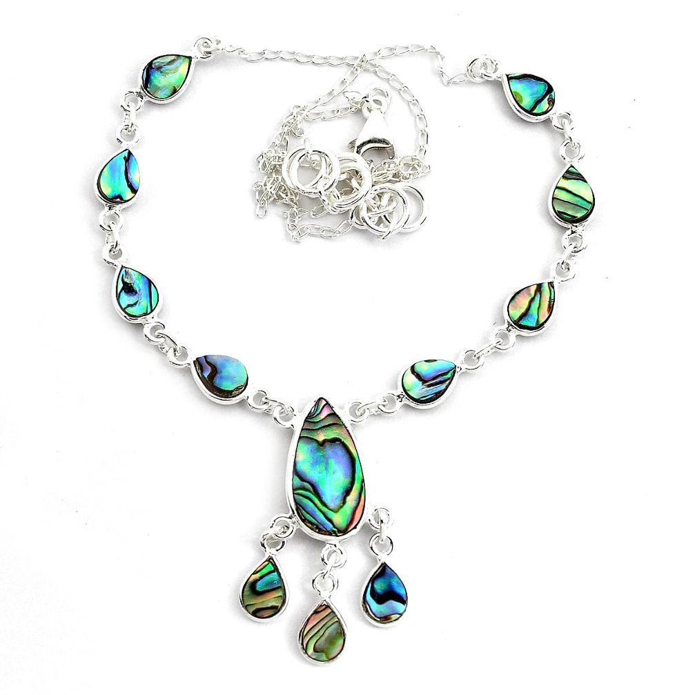 18.98cts natural green abalone paua seashell 925 sterling silver necklace p44538