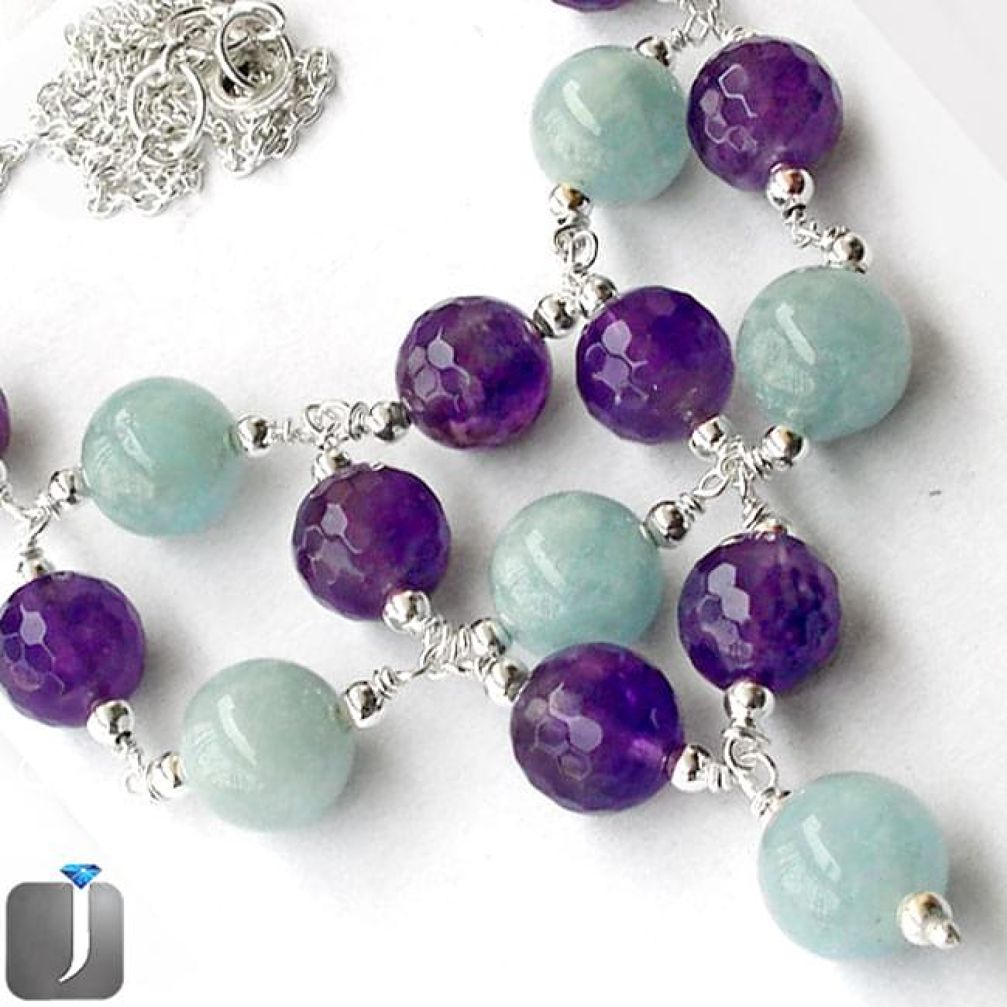 NATURAL GREEN AQUAMARINE AMETHYST 925 STERLING SILVER BEADS NECKLACE G16878