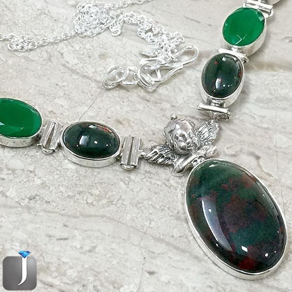 NATURAL GREEN BLOODSTONE EMERALD QUARTZ BABY WING 925 SILVER NECKLACE F40399