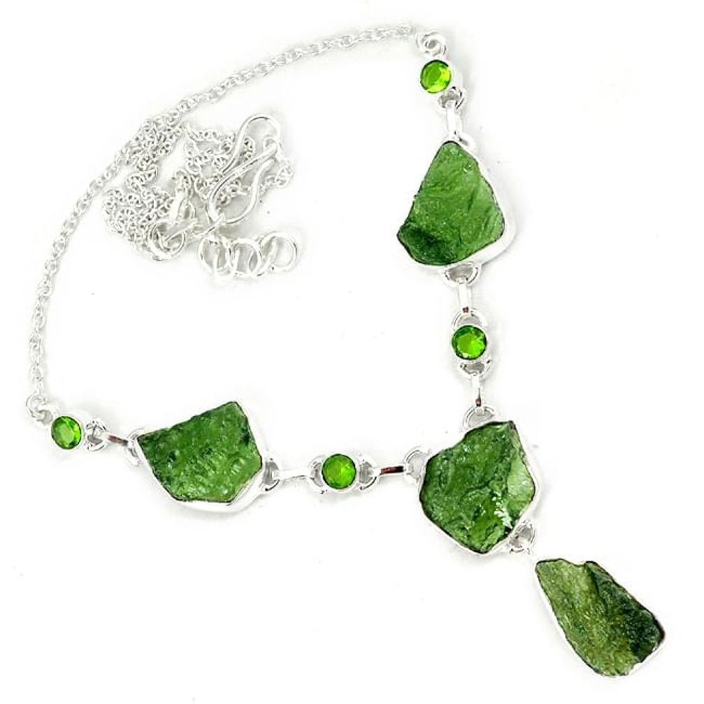 Natural green moldavite (genuine czech) peridot 925 silver necklace h70214