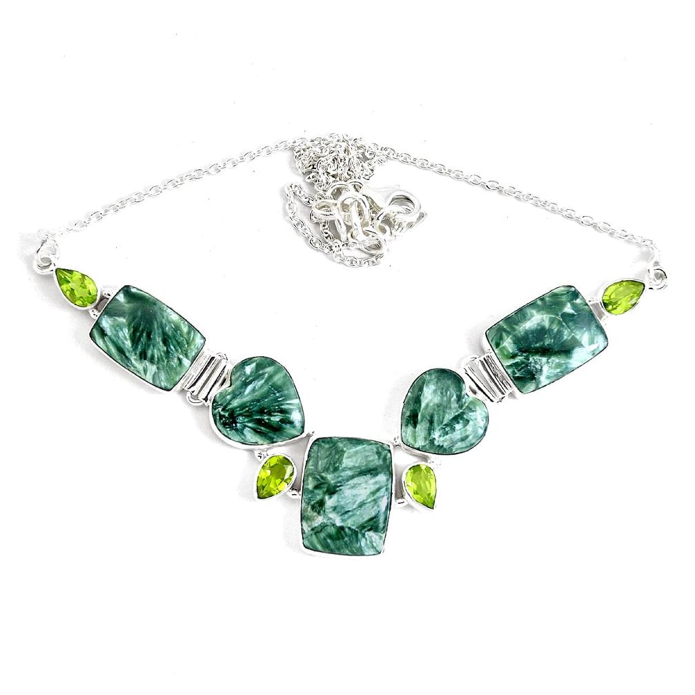 69.36cts natural green seraphinite (russian) peridot 925 silver necklace p47621