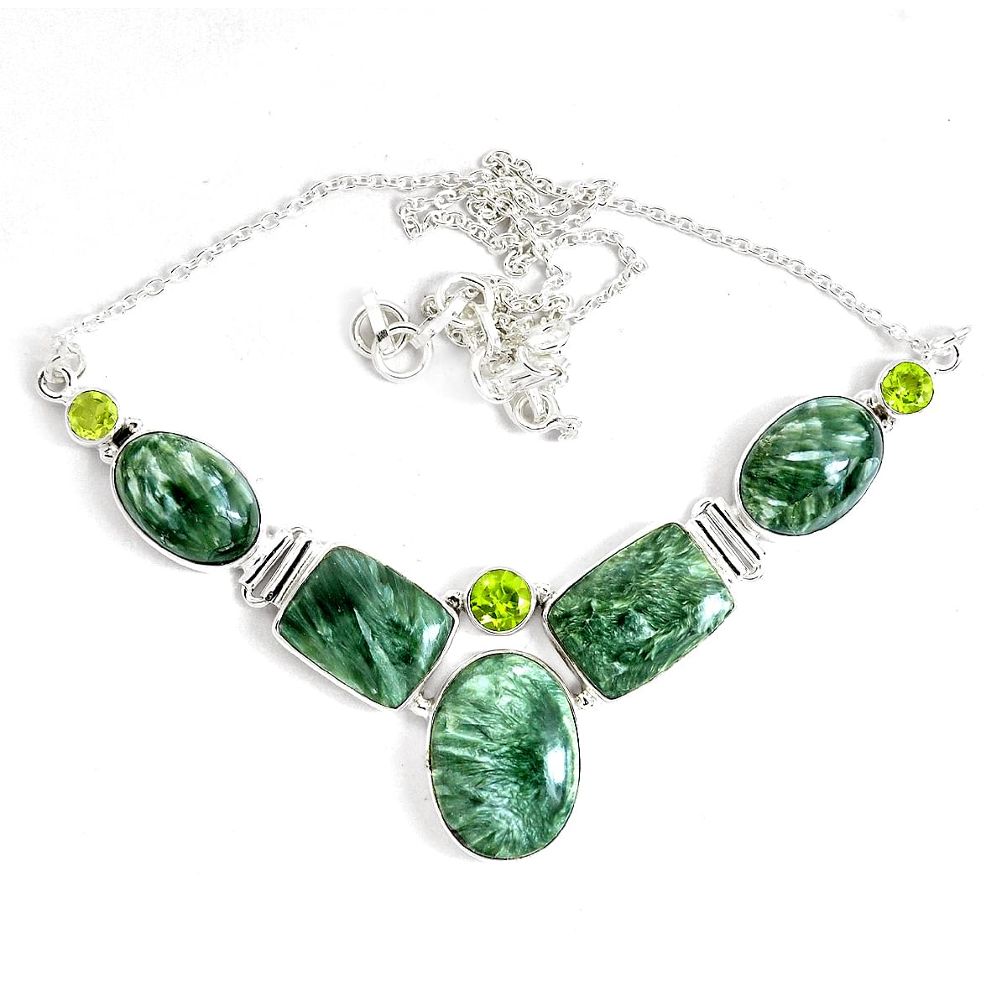 62.80cts natural green seraphinite (russian) peridot 925 silver necklace p47625