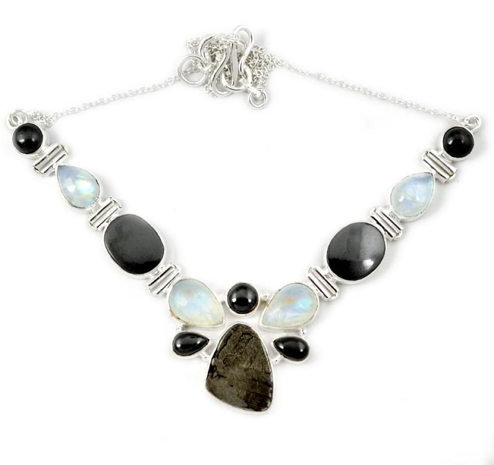 Natural grey meteorite gun metal moonstone 925 sterling silver necklace h92997