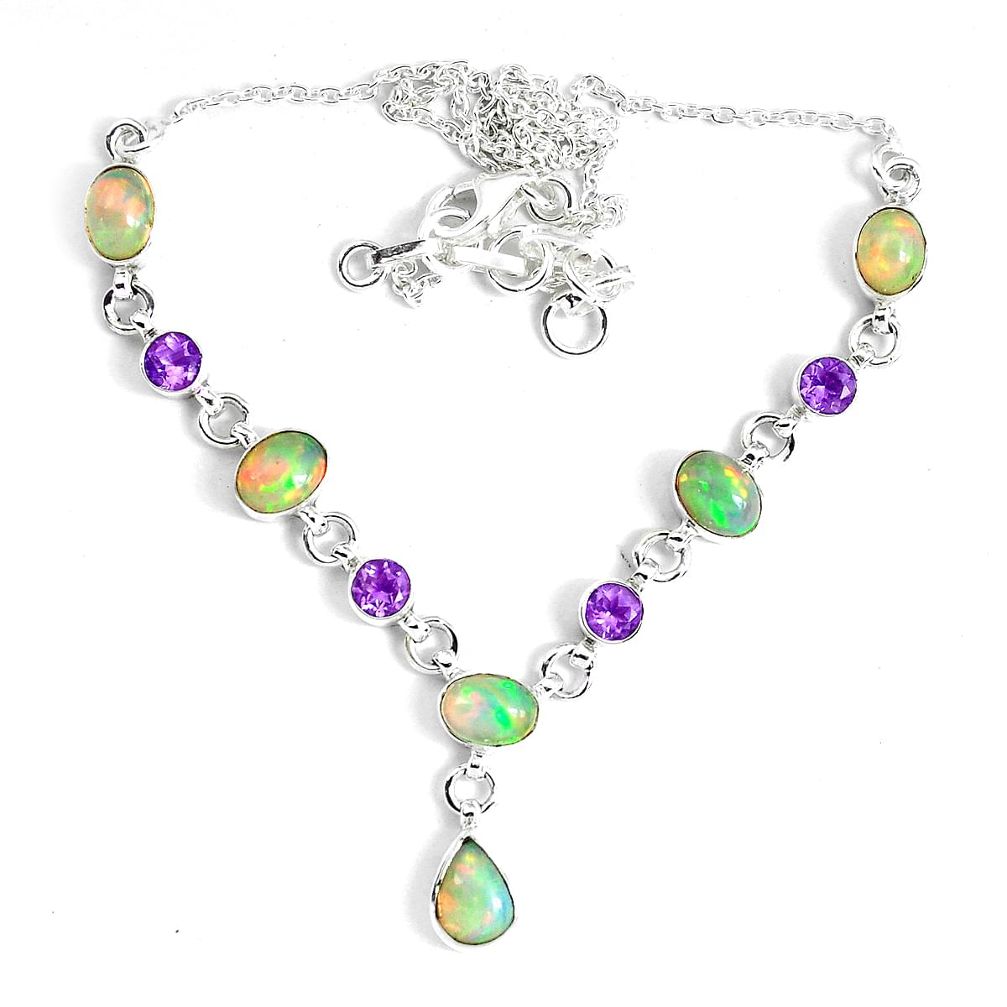 16.76cts natural multi color ethiopian opal amethyst 925 silver necklace p47365