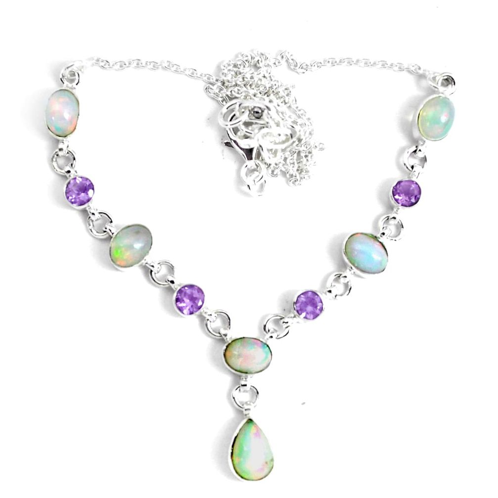 17.23cts natural multi color ethiopian opal amethyst 925 silver necklace p47369
