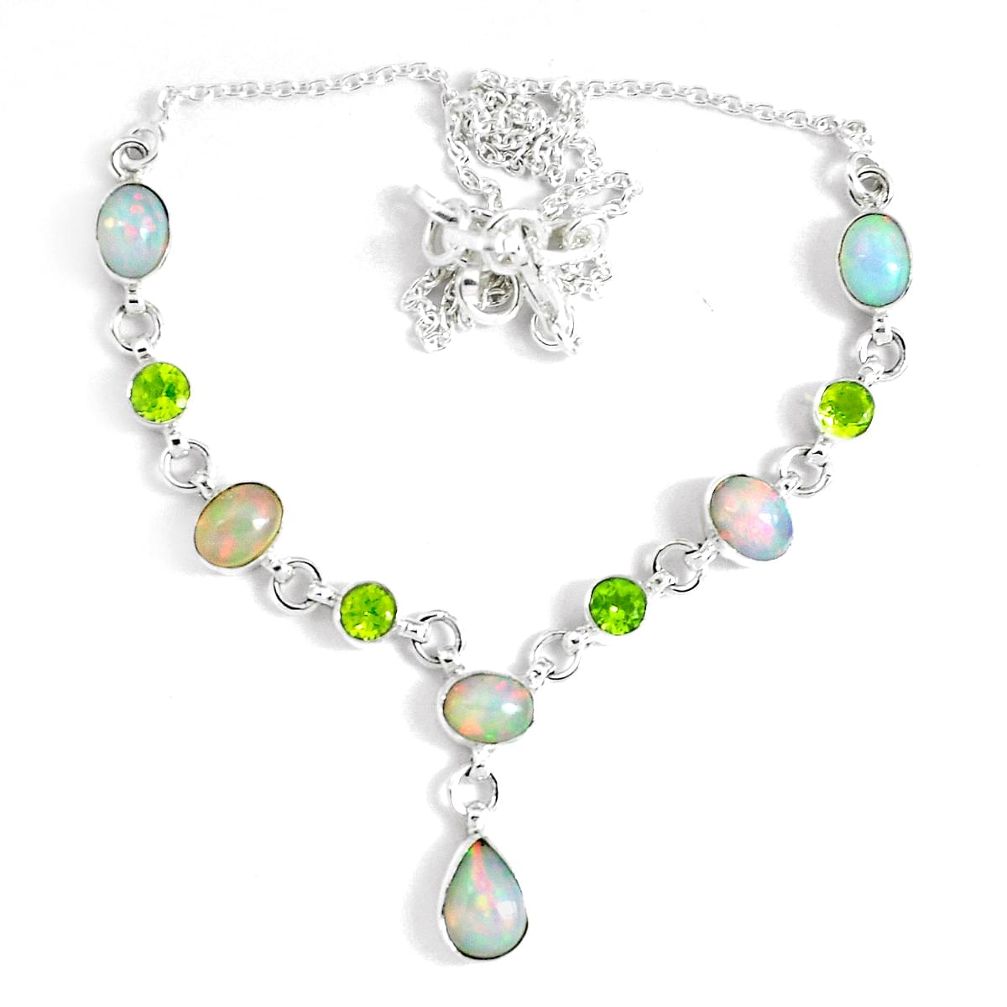 16.94cts natural multi color ethiopian opal peridot 925 silver necklace p47363