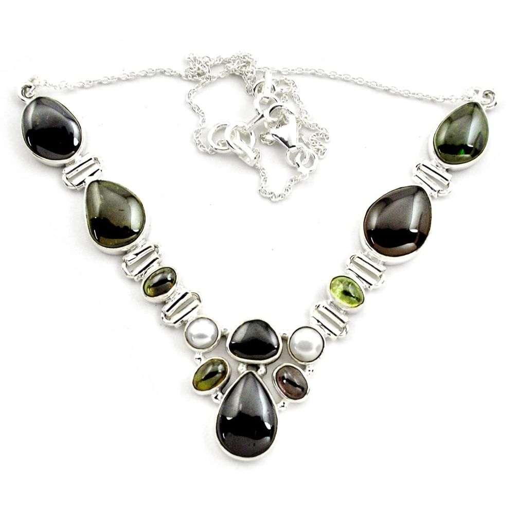 52.54cts natural multicolor tourmaline pearl 925 sterling silver necklace p76744