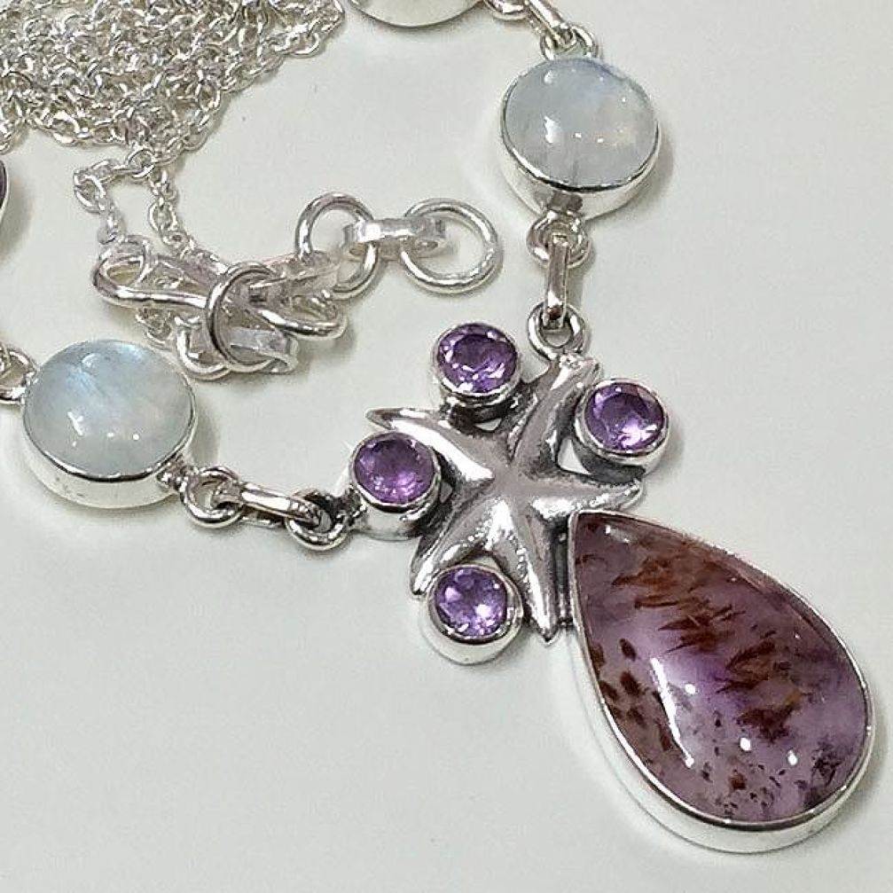 43.10cts NATURAL PURPLE CACOXENITE MOONSTONE 925 STERLING SILVER NECKLACE F36399