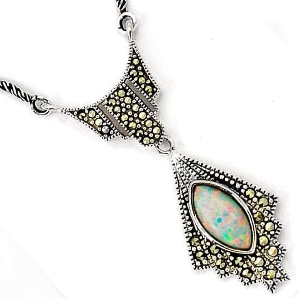 NATURAL RAINBOW AUSTRALIAN OPAL MARCASITE 925 SILVER CHAIN NECKLACE H20994