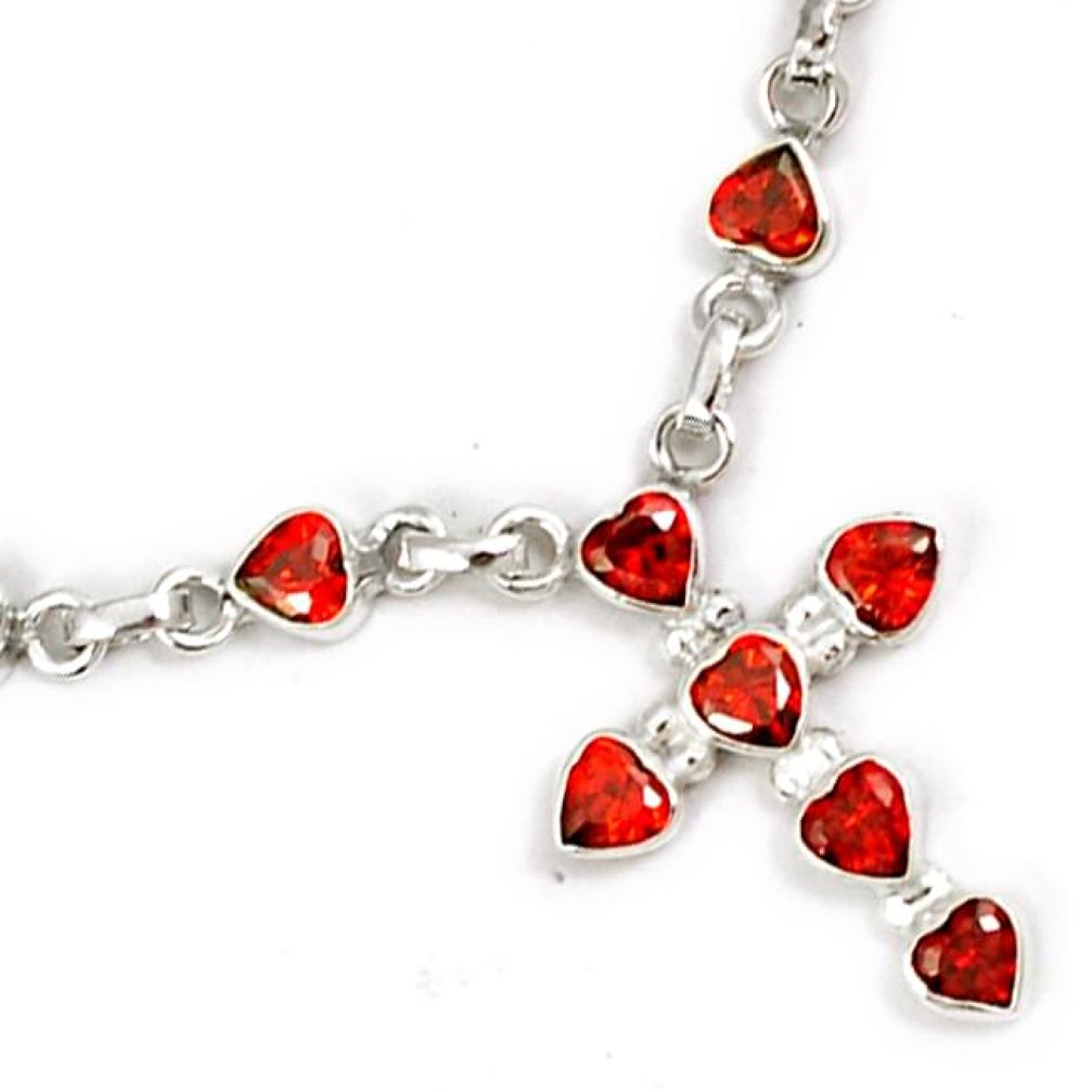 NATURAL RED GARNET HEART SHAPE 925 SILVER CROSS CHAIN NECKLACE JEWELRY H22727