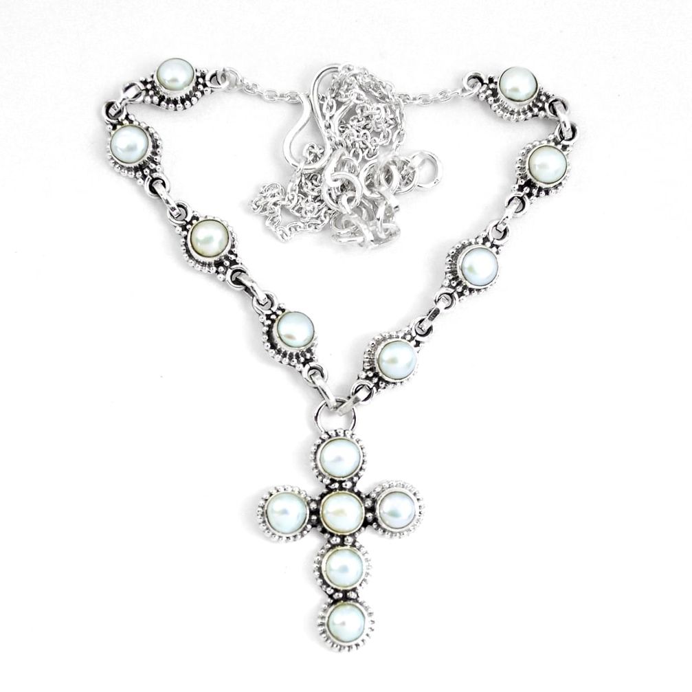 13.92cts natural white pearl 925 sterling silver cross necklace jewelry p48220