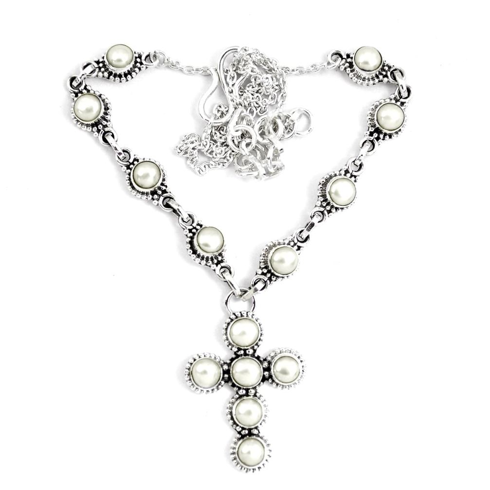 14.12cts natural white pearl 925 sterling silver cross necklace jewelry p48222