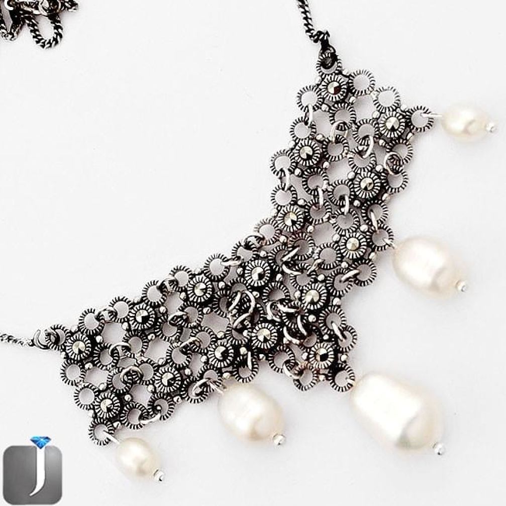 NATURAL WHITE PEARL DROP SWISS MARCASITE 925 SILVER NECKLACE JEWELRY F75138