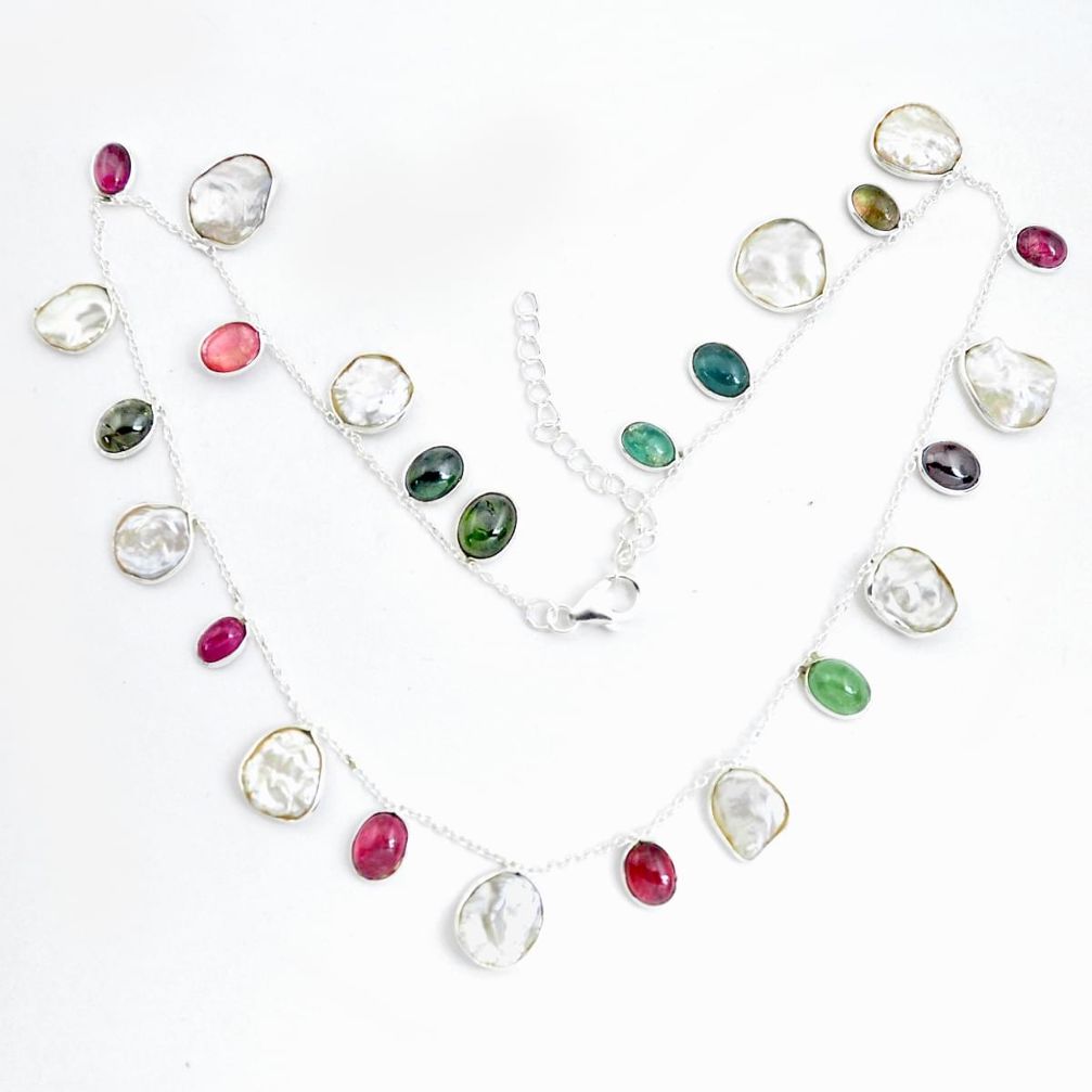 34.48cts natural white pearl multi color tourmaline 925 silver necklace p43407