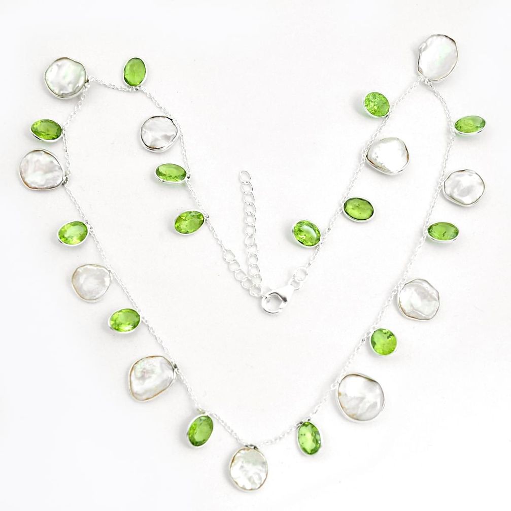 36.19cts natural white pearl peridot 925 sterling silver necklace jewelry p43401