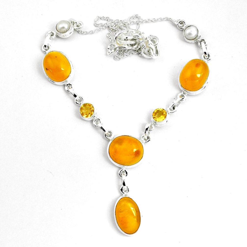 31.07cts natural yellow amber bone citrine 925 sterling silver necklace p69691