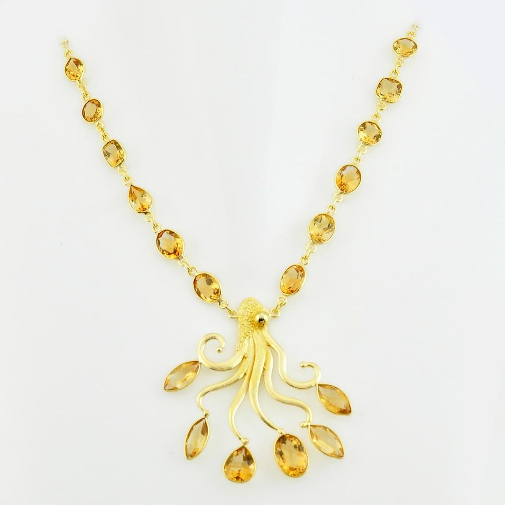 45.34cts natural yellow citrine 925 sterling silver 14k gold necklace p74952