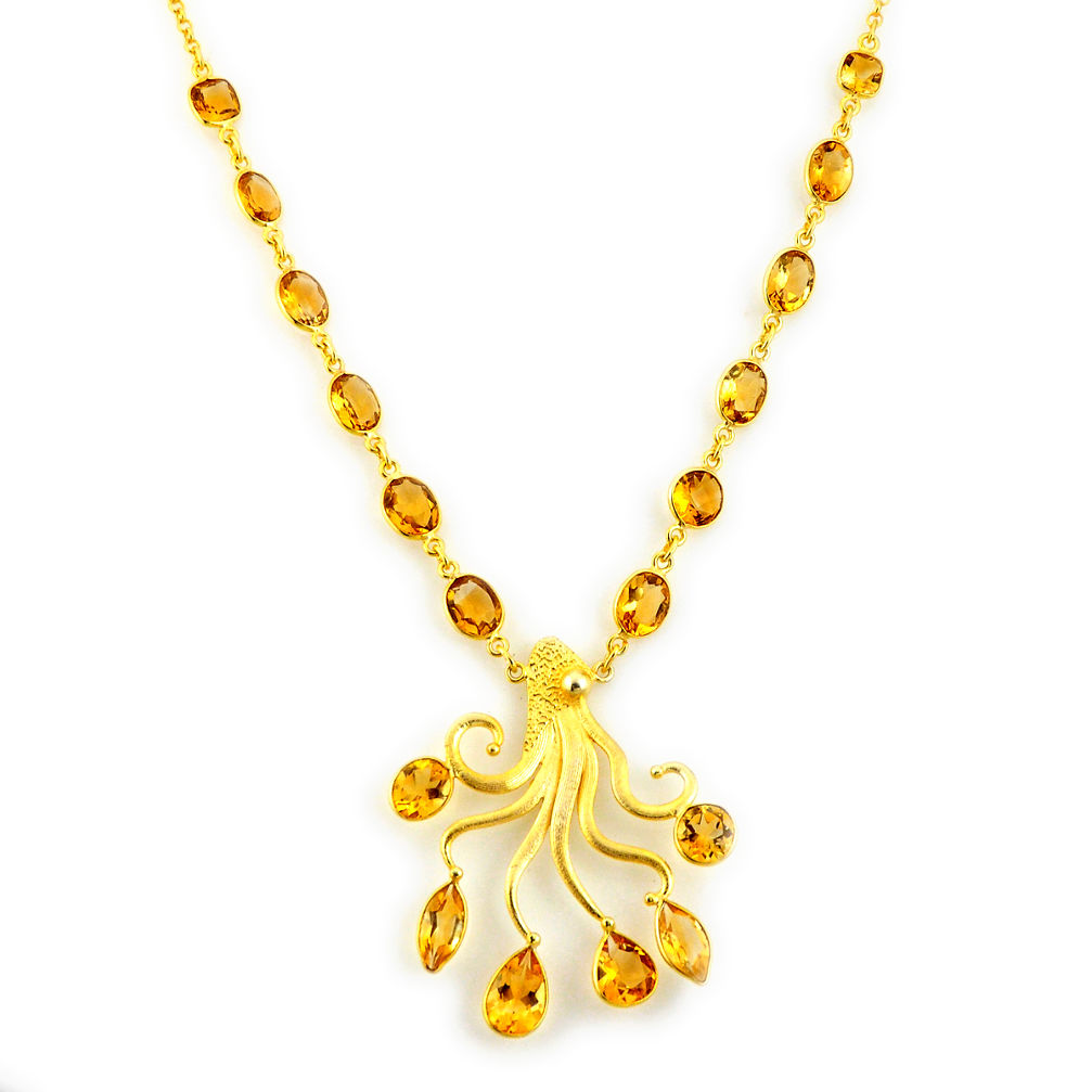 52.89cts natural yellow citrine 925 sterling silver 14k gold necklace p91721