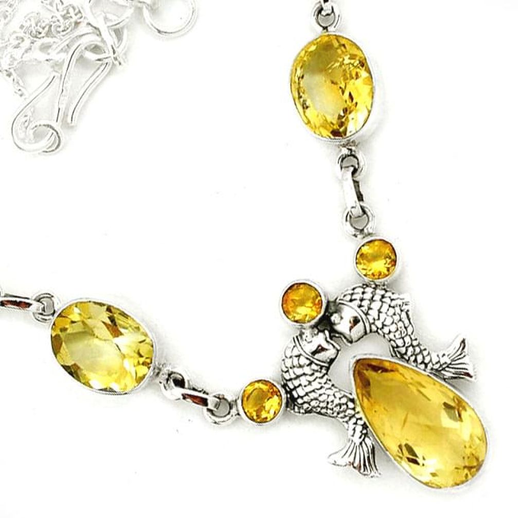 NATURAL YELLOW CITRINE 925 STERLING SILVER TWO FISH CHAIN NECKLACE JEWELRY H6634