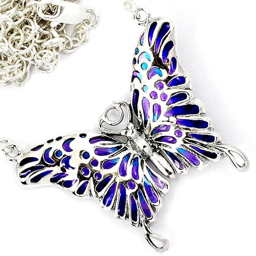 PURPLE BLUE ENAMEL 925 STERLING SILVER BUTTERFLY CHAIN NECKLACE JEWELRY H29953