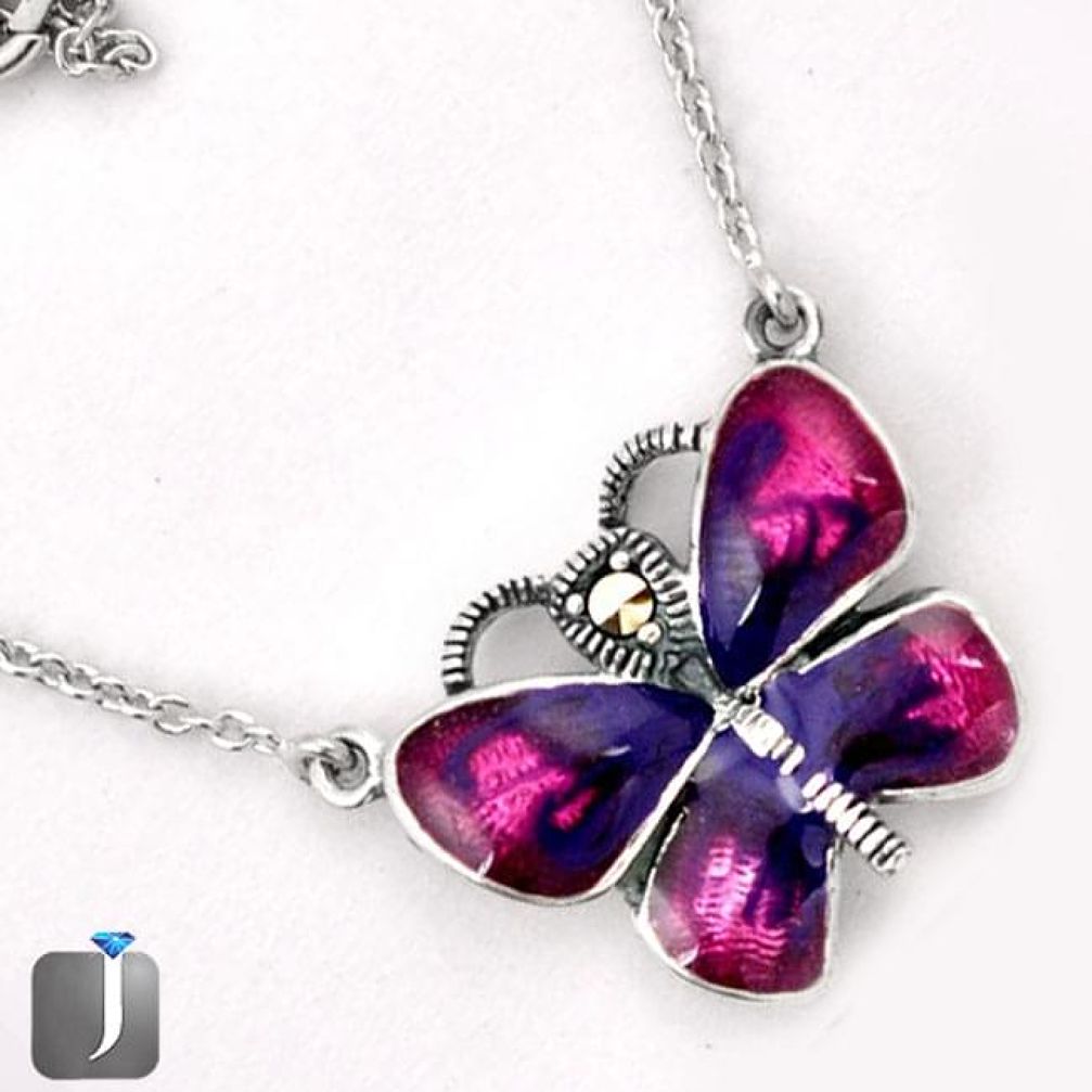 PURPLE ENAMEL BUTTERFLY CHARM MARCASITE 925 SILVER NECKLACE CHAIN JEWELRY G44850