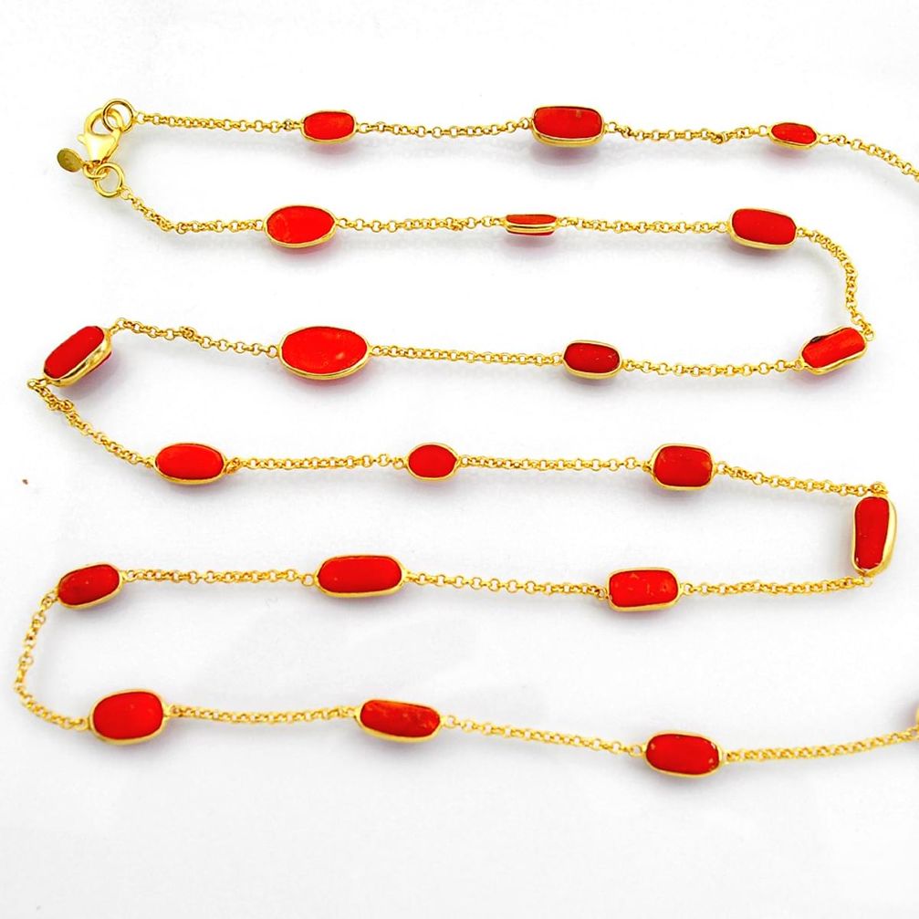 39.26cts red coral 925 silver 14k gold 34inch chain necklace jewelry p91660