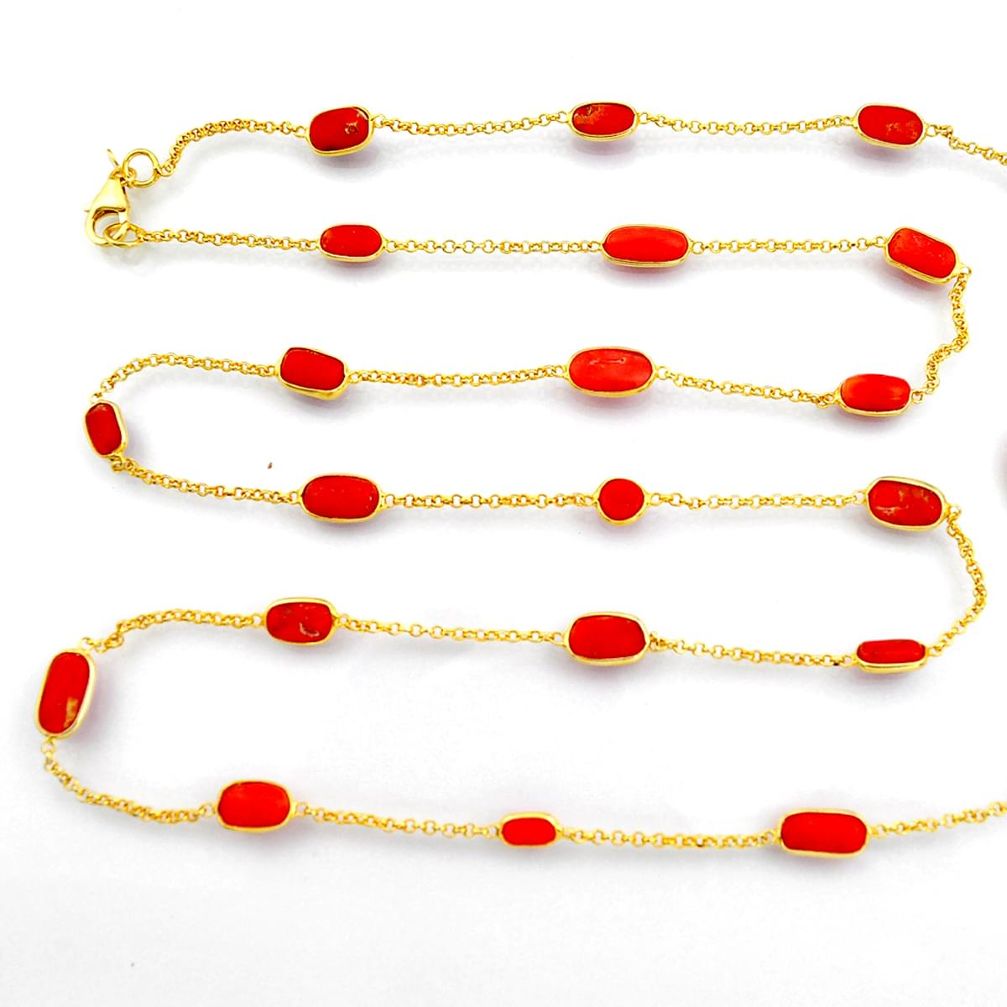 38.30cts red coral 925 silver 14k gold 35inch chain necklace jewelry p91657